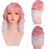 Women's Wig Head Cover in gradient blue to lavender, featuring water ripple waves and bangs, made from high temperature wire for daily wear.