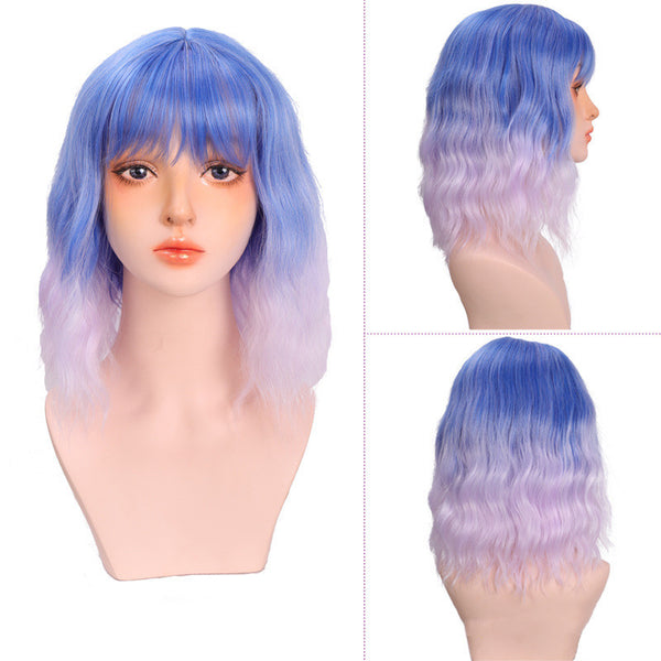 Women's Wig Head Cover in gradient blue to lavender, featuring water ripple waves and bangs, made from high temperature wire for daily wear.