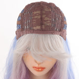 Women's Wig Head Cover in gradient blue to lavender, featuring water ripple waves and bangs, made from high temperature wire for daily wear.