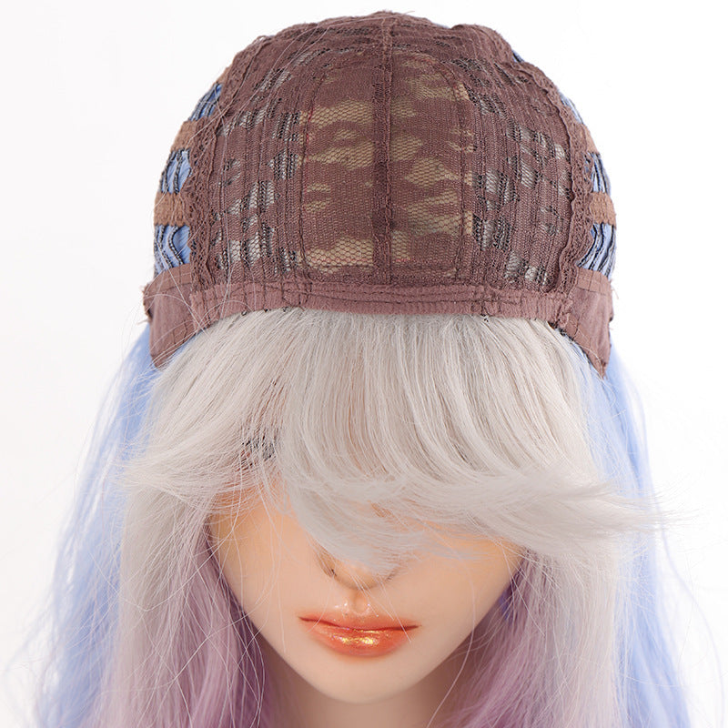 Women's Wig Head Cover in gradient blue to lavender, featuring water ripple waves and bangs, made from high temperature wire for daily wear.