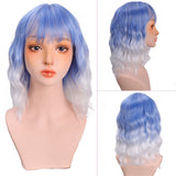 Women's Wig Head Cover in gradient blue to lavender, featuring water ripple waves and bangs, made from high temperature wire for daily wear.