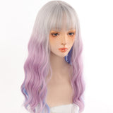 Women's Wig Head Cover in gradient blue to lavender, featuring water ripple waves and bangs, made from high temperature wire for daily wear.