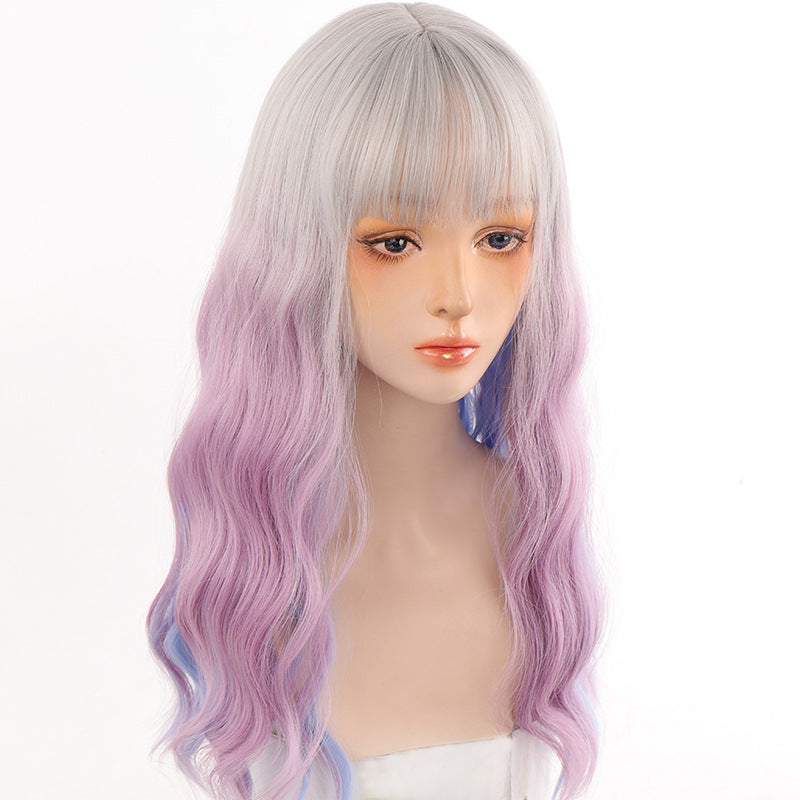 Women's Wig Head Cover in gradient blue to lavender, featuring water ripple waves and bangs, made from high temperature wire for daily wear.