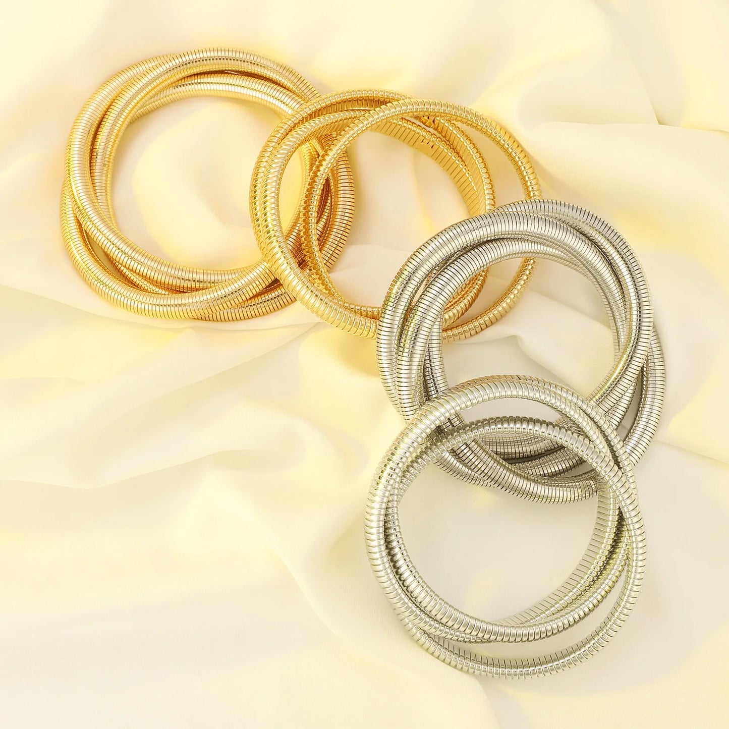 SIZZZ Wide Edge String Bracelets For Woman Silver Glod Flexible Steel Wire Layered Bangle DIY Combination