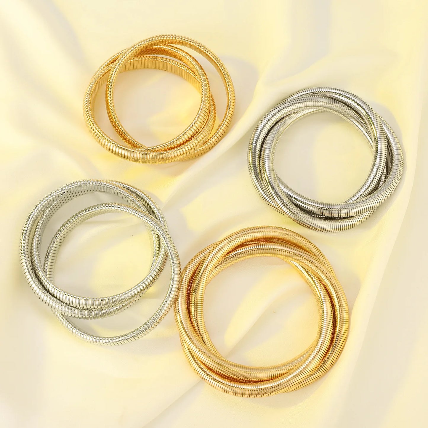 SIZZZ Wide Edge String Bracelets For Woman Silver Glod Flexible Steel Wire Layered Bangle DIY Combination