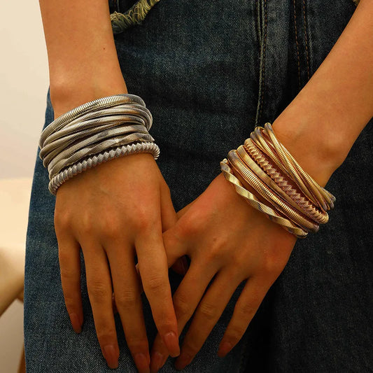 SIZZZ Wide Edge String Bracelets For Woman Silver Glod Flexible Steel Wire Layered Bangle DIY Combination