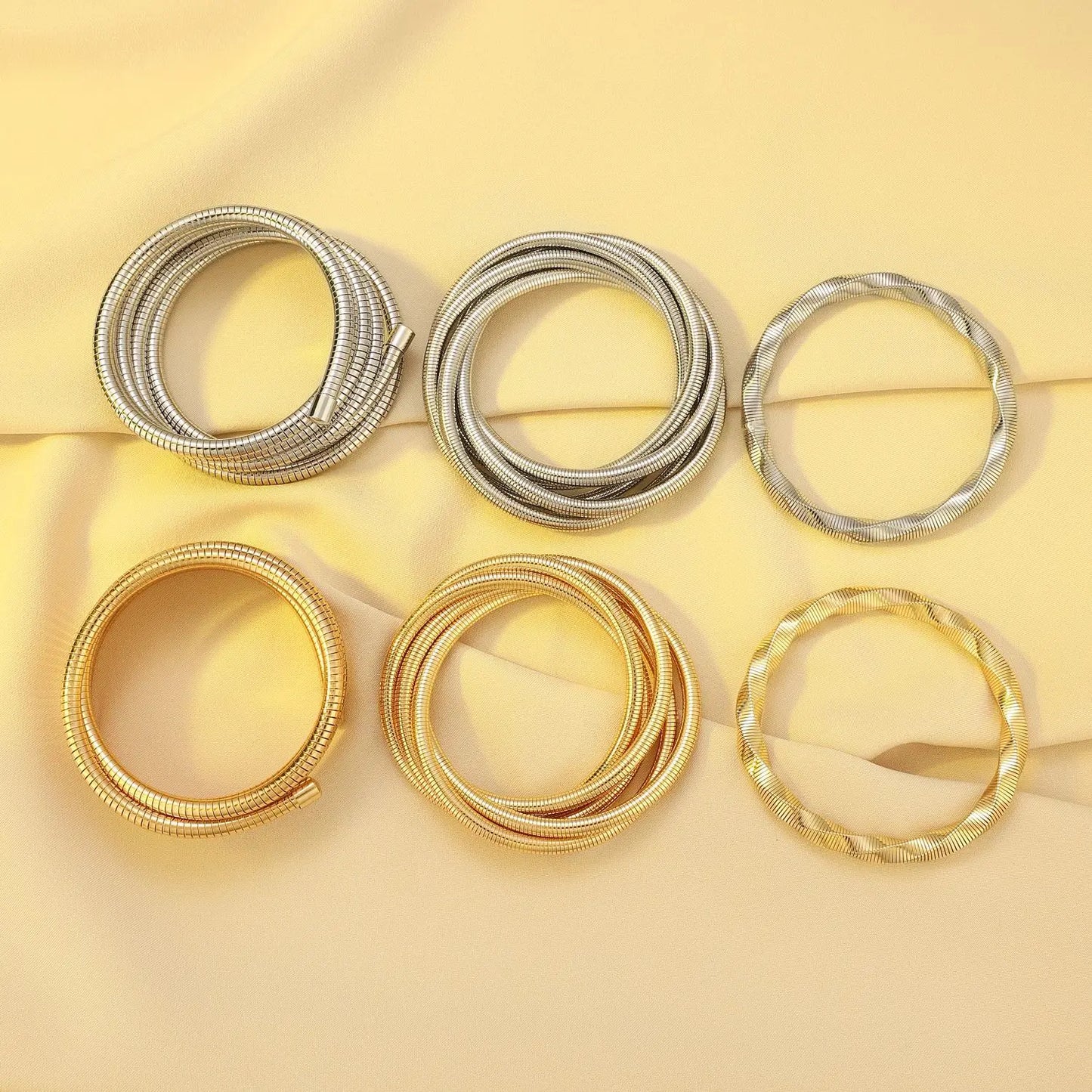 SIZZZ Wide Edge String Bracelets For Woman Silver Glod Flexible Steel Wire Layered Bangle DIY Combination