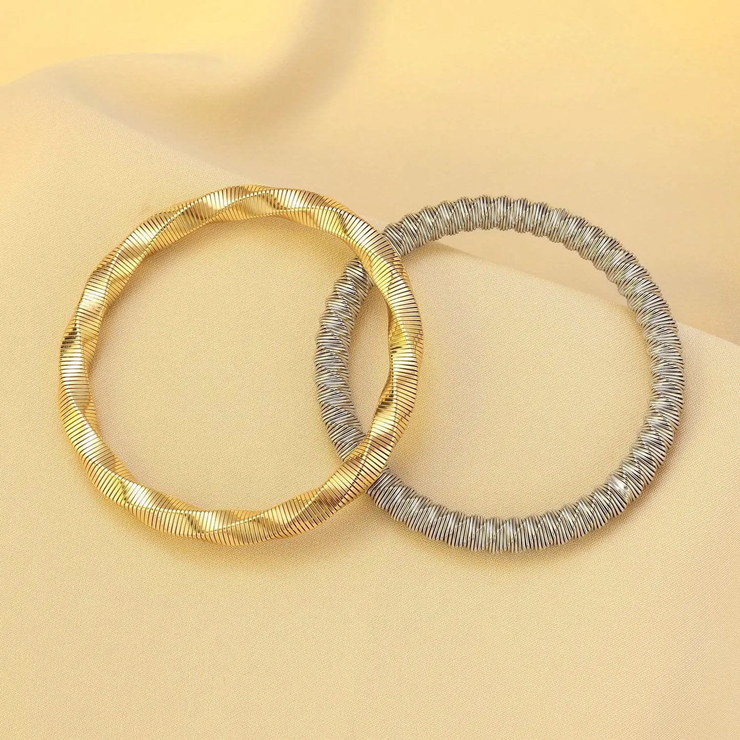 SIZZZ Wide Edge String Bracelets For Woman Silver Glod Flexible Steel Wire Layered Bangle DIY Combination