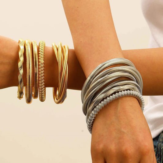 SIZZZ Wide Edge String Bracelets For Woman Silver Glod Flexible Steel Wire Layered Bangle DIY Combination
