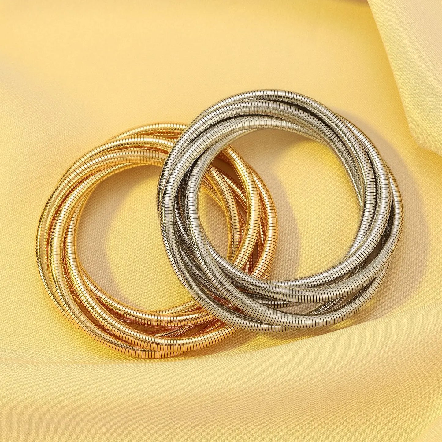 SIZZZ Wide Edge String Bracelets For Woman Silver Glod Flexible Steel Wire Layered Bangle DIY Combination
