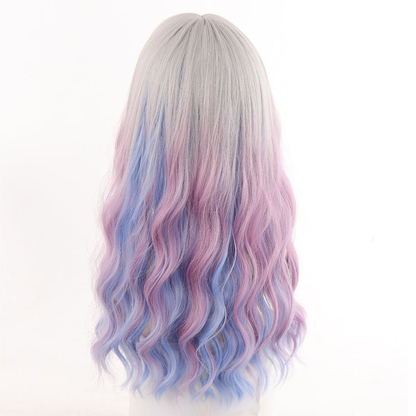Women's Wig Head Cover in gradient blue to lavender, featuring water ripple waves and bangs, made from high temperature wire for daily wear.